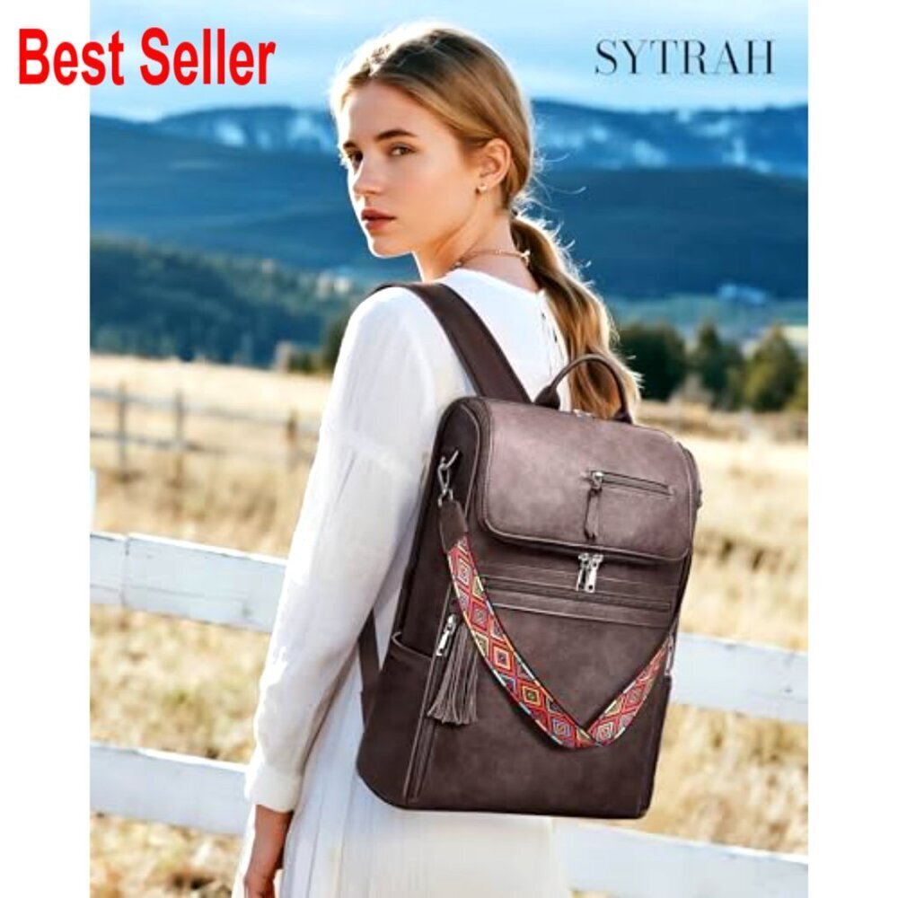 Faux Leather Laptop Backpack for Women with Tassel and Satchel Purse - Picture 2 of 6